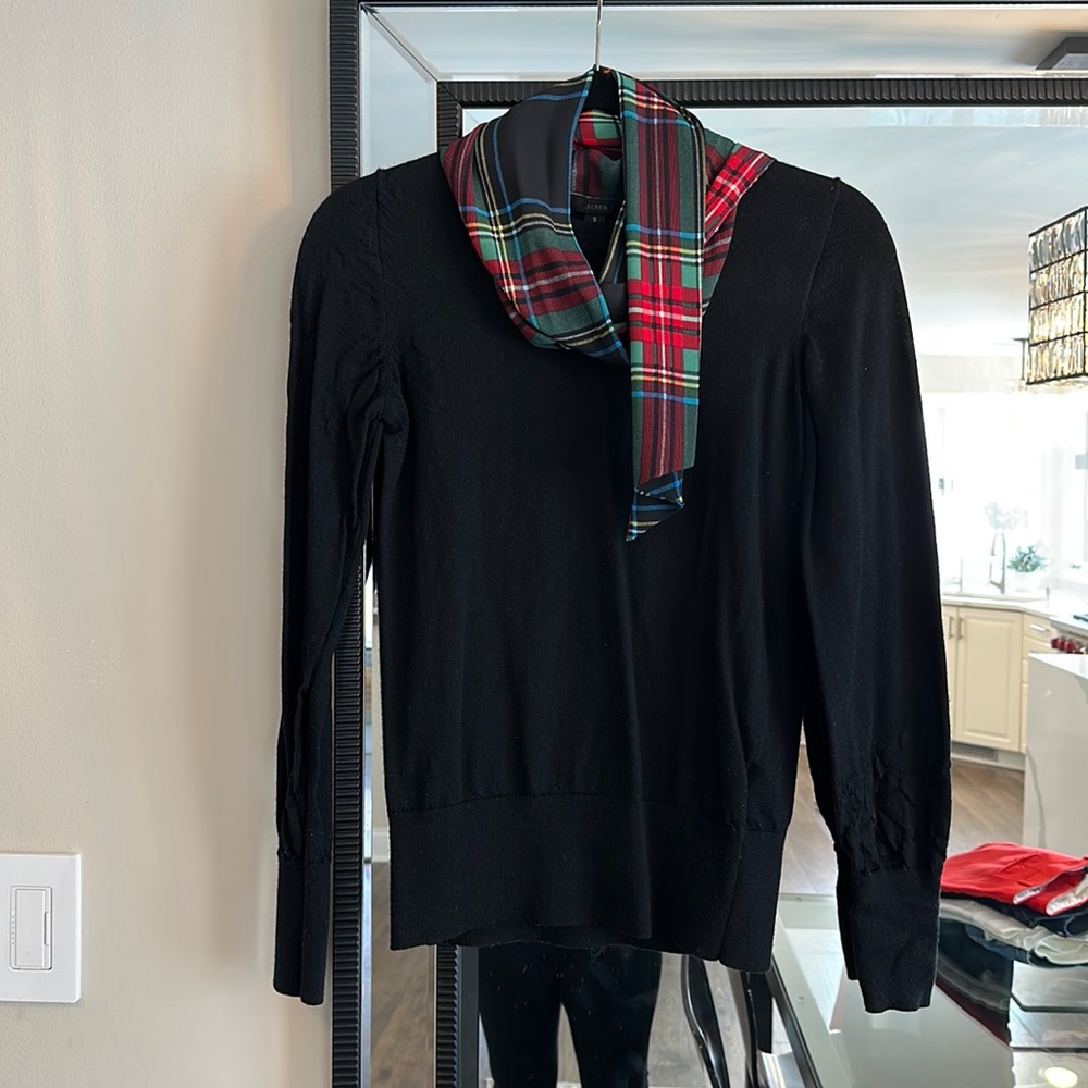 J. Crew merino wool sweater with attached silk scarf. Thin wool sweater.